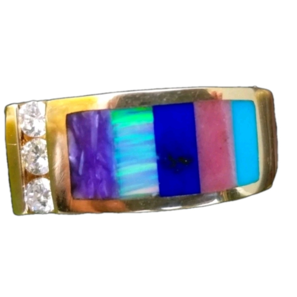 14k Gold Opal Turquoise Lapis Diamond Ring-Ken Lauher Estate Jewelry
